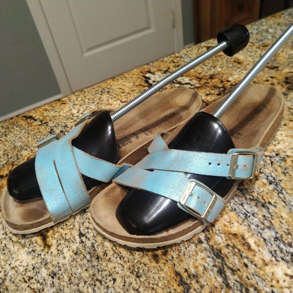 Birkenstock Yao Washed Metallic Aqua Blue Leather Sandals Women's Size 41 US 10 - Picture 3 of 13